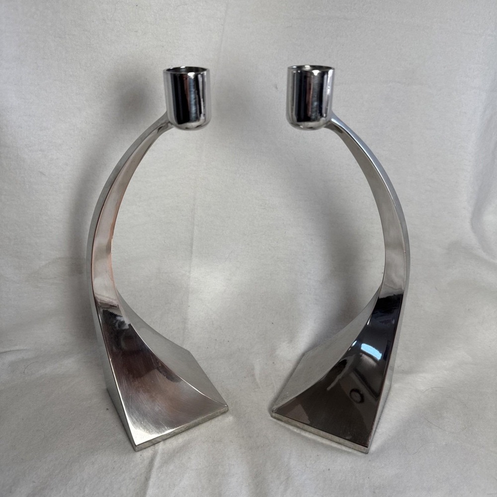 Vintage Chrome Nickel Finish Curved 10" Candlesticks Mid Century Modern (Pair)